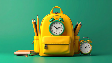 Yellow school backpack with alarm clock, books and pencils on green backgroundの素材
