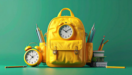 Yellow school backpack with stationery on green background. Back to school conceptの素材
