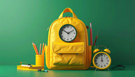 Yellow backpack and school supplies on green background. Back to school conceptの素材