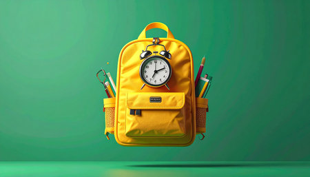 Yellow backpack with stationery on green background. Back to school concept. 3D Renderingの素材