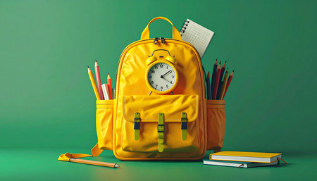Yellow school backpack with stationery on green background. Back to school conceptの素材