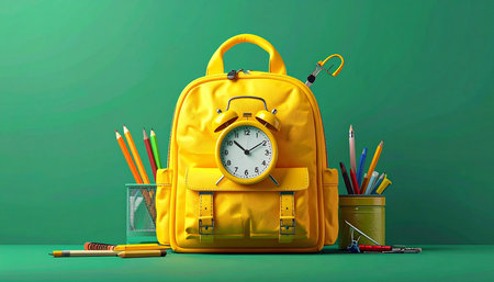 Yellow backpack with school supplies on green background. Back to school conceptの素材