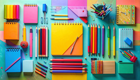 School and office supplies on a colorful background. Back to school concept.の素材