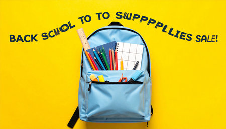 Back to school concept. Backpack with school supplies on yellow backgroundの素材