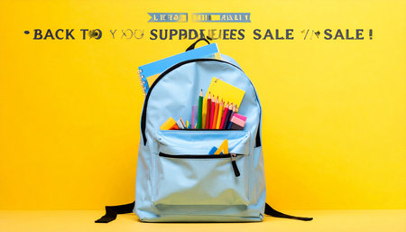 Back to school concept. Blue backpack with school supplies on yellow backgroundの素材