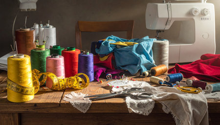 Sewing accessories on a wooden table in a tailor shop.の素材