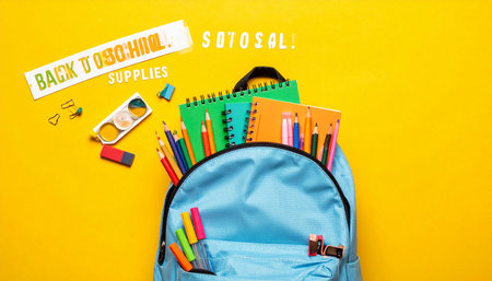 Back to school concept with backpack and school supplies on yellow background.の素材