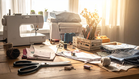 Seamstress workplace with sewing machine, scissors, fabric and other toolsの素材