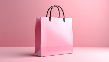 Pink paper shopping bag on pink background. 3d render illustration.の素材
