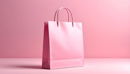 Pink paper shopping bag on pink background. 3d render illustration.の素材