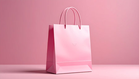 Pink paper shopping bag on pink background. 3d render illustration.の素材