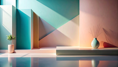 3D rendering of a minimalistic interior with geometric shapes and a vaseの素材