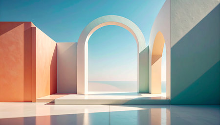 3d rendering of abstract interior with arch and blue sky background.の素材