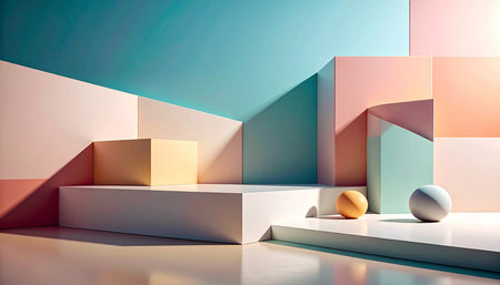3d render of abstract geometric forms. Minimal scene with podiums for product presentation.の素材