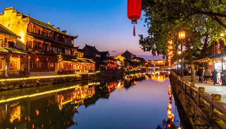 Wuzhen ancient town at night, Jiangsu Province, China.の素材