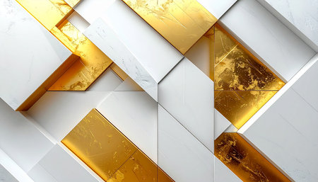 Abstract geometric background with gold and white squares. 3d render illustrationの素材