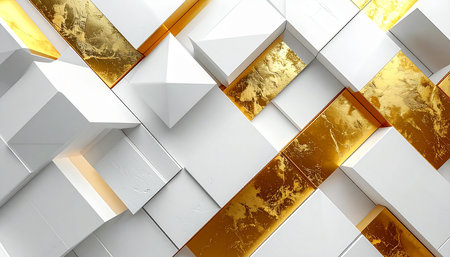 3d rendering of abstract geometric composition, golden and white cubes backgroundの素材