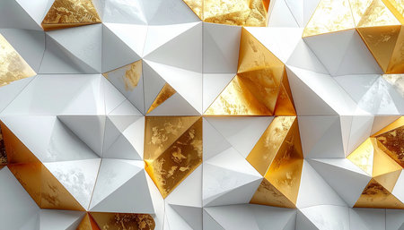 3d rendering of abstract geometric shapes in golden and white colors.の素材