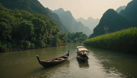 Fishing boat on the Tam Coc river, Ninh Binh, Vietnamの素材