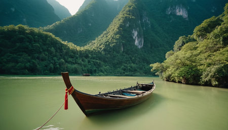 Long tail boat on the river in karst mountains, Vietnamの素材
