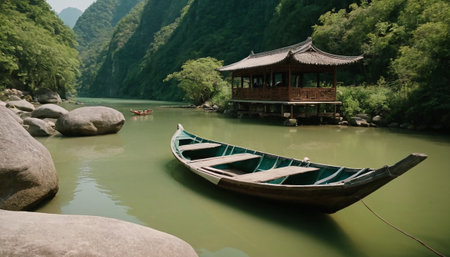 Traditional wooden boat on the river in karst mountains of Chinaの素材
