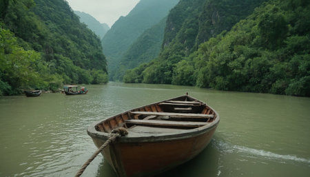 Fishing boat on the river in the mountains, Yangshuoの素材