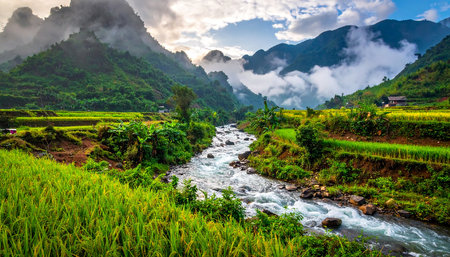Terraced rice field landscape in Sapa, Lao Cai, Vietnamの素材