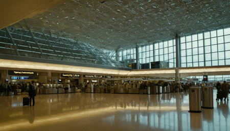 Interior of a modern airport terminal with passengers waiting for their flightの素材