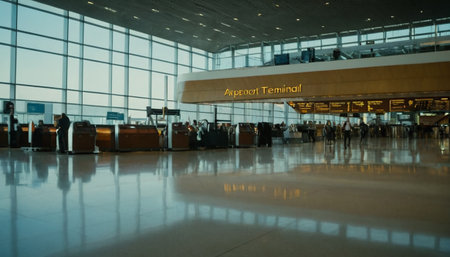 Interior of the airport terminal with passengers waiting for boarding, motion blurの素材