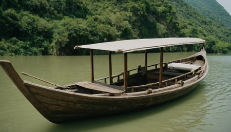 Wooden boat on the river with green mountains in the background.の素材
