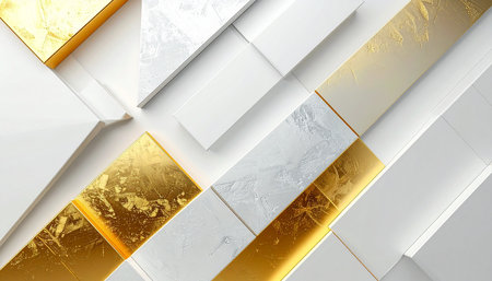 3d illustration of abstract geometric composition with gold and white marble.の素材