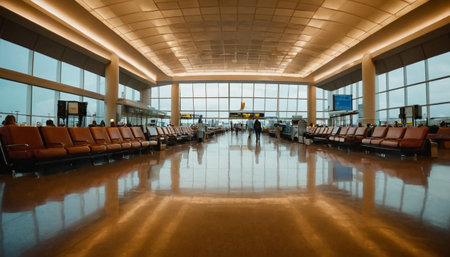 Interior of an airport terminal waiting area with a blurred people.の素材