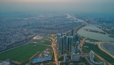 Aerial view of the city of Shenzhen, China. Guangzhou is the capital and largest city of Guangdong Province.の素材