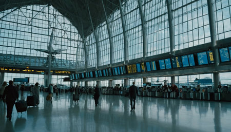 Interior of an international airport terminal with people walking in motion blurの素材