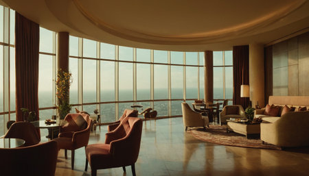 Interior of luxury hotel lobby with panoramic window view on cityの素材