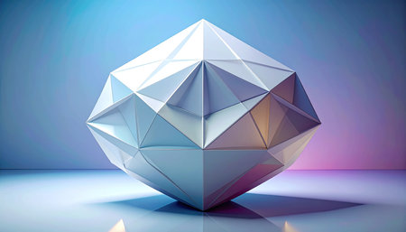 3d rendering of a polygonal crystal in a blue backgroundの素材