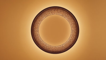 A close up shot of a round gold plate on a yellow backgroundの素材