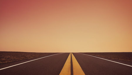 Road in the middle of the desert at sunset. Retro filter.の素材