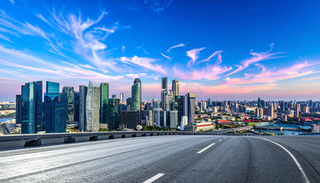 Empty asphalt road and modern city skyline with buildings in Shanghai at sunsetの素材