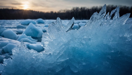 Ice hummocks on the river at sunset. Winter landscape.の素材