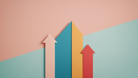 Colorful arrows on a blue and pink background. Business concept.の素材