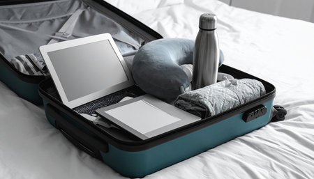 Suitcase with things on bed, closeup. Travel conceptの素材
