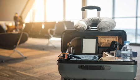 Suitcase with clothes and accessories on the background of the airportの素材