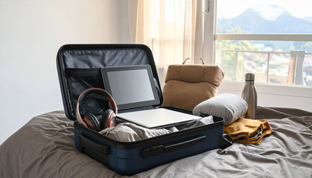 Open suitcase with laptop and headphones on bed at home. Space for textの素材
