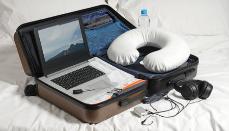 Laptop with blank screen, headphones and travel bag on the bedの素材