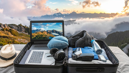 Laptop with travel equipment on the bed in the mountains at sunsetの素材