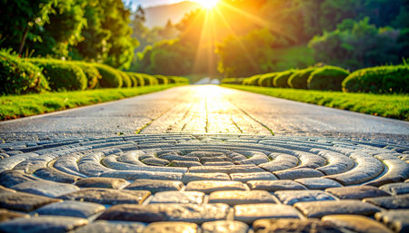 Cobblestone walkway in the garden with sun light.の素材
