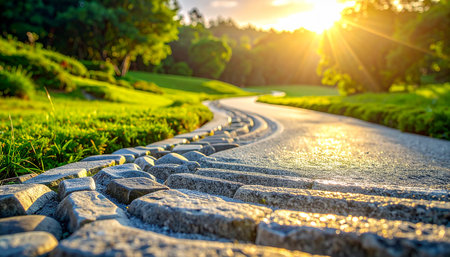 Stone walkway in the garden with sun light background, stock photoの素材