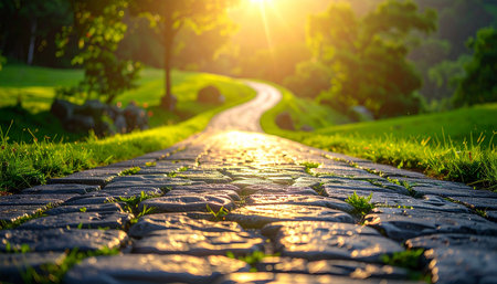 Pathway in the park with sun light and green grass at sunsetの素材