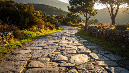 Cobblestone road in the mountains at sunset, Crete, Greeceの素材